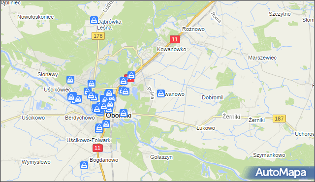 mapa Kowanowo gmina Oborniki, Kowanowo gmina Oborniki na mapie Targeo