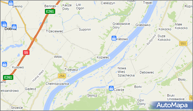 mapa Kozielec gmina Dobrcz, Kozielec gmina Dobrcz na mapie Targeo