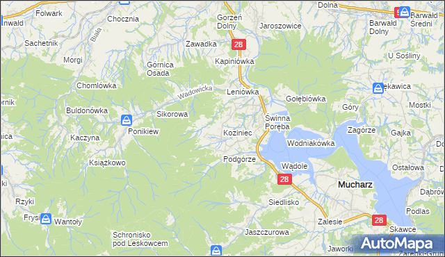 mapa Koziniec gmina Mucharz, Koziniec gmina Mucharz na mapie Targeo