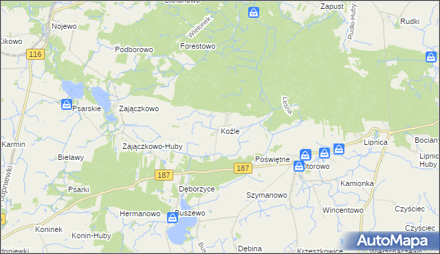 mapa Koźle gmina Szamotuły, Koźle gmina Szamotuły na mapie Targeo