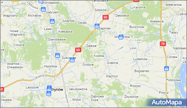 mapa Kozłów gmina Chynów, Kozłów gmina Chynów na mapie Targeo