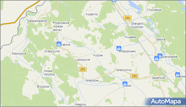 mapa Kozów gmina Gubin, Kozów gmina Gubin na mapie Targeo