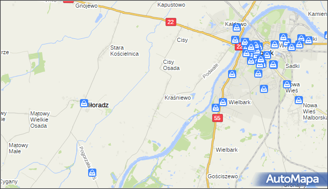 mapa Kraśniewo gmina Malbork, Kraśniewo gmina Malbork na mapie Targeo