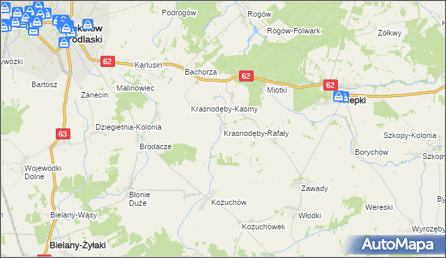 mapa Krasnodęby-Rafały, Krasnodęby-Rafały na mapie Targeo
