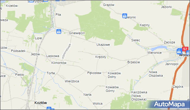 mapa Krężoły gmina Wodzisław, Krężoły gmina Wodzisław na mapie Targeo