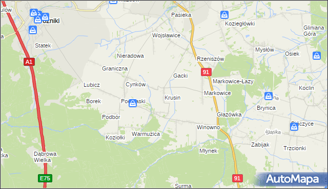 mapa Krusin gmina Koziegłowy, Krusin gmina Koziegłowy na mapie Targeo