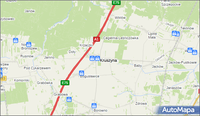 mapa Kruszyna powiat częstochowski, Kruszyna powiat częstochowski na mapie Targeo