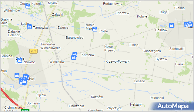 mapa Krzewo gmina Dąbie, Krzewo gmina Dąbie na mapie Targeo