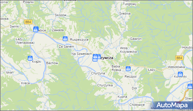 mapa Krzywcza, Krzywcza na mapie Targeo