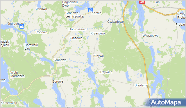 mapa Krzywe gmina Mrągowo, Krzywe gmina Mrągowo na mapie Targeo