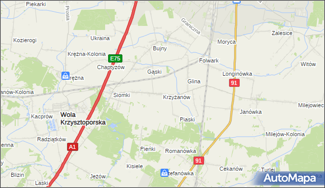 mapa Krzyżanów gmina Wola Krzysztoporska, Krzyżanów gmina Wola Krzysztoporska na mapie Targeo