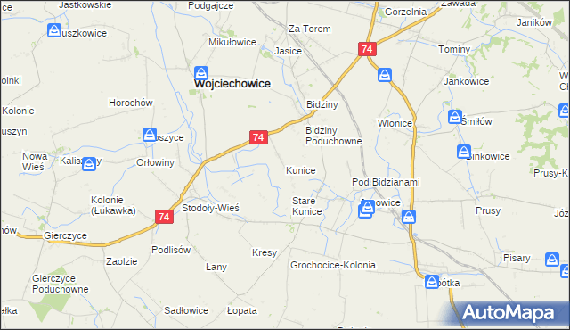 mapa Kunice gmina Wojciechowice, Kunice gmina Wojciechowice na mapie Targeo