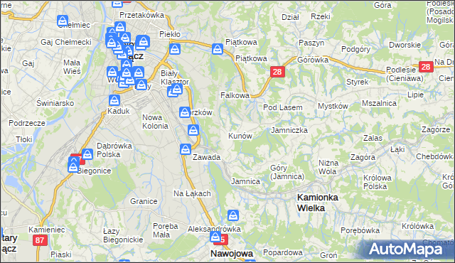 mapa Kunów gmina Chełmiec, Kunów gmina Chełmiec na mapie Targeo