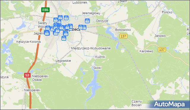 mapa Kuźnik gmina Międzyrzecz, Kuźnik gmina Międzyrzecz na mapie Targeo