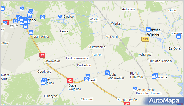 mapa Ładzin gmina Pajęczno, Ładzin gmina Pajęczno na mapie Targeo
