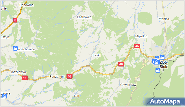 mapa Laski gmina Złoty Stok, Laski gmina Złoty Stok na mapie Targeo