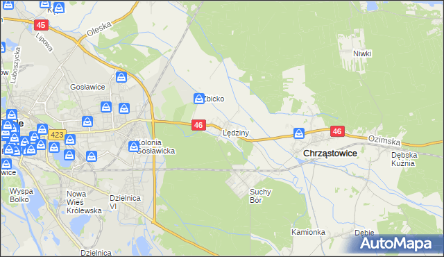 mapa Lędziny gmina Chrząstowice, Lędziny gmina Chrząstowice na mapie Targeo
