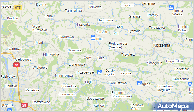 mapa Łęka gmina Korzenna, Łęka gmina Korzenna na mapie Targeo