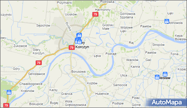 mapa Łęka gmina Nowy Korczyn, Łęka gmina Nowy Korczyn na mapie Targeo