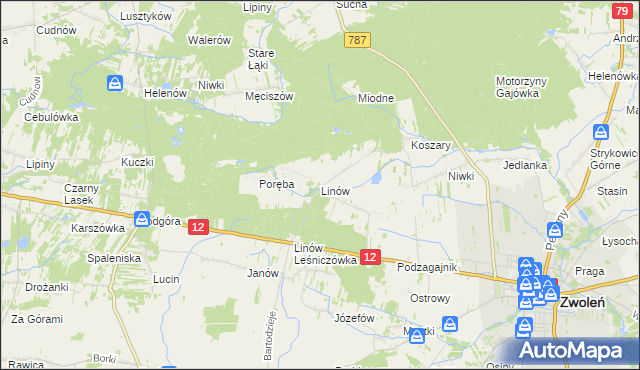 mapa Linów gmina Zwoleń, Linów gmina Zwoleń na mapie Targeo