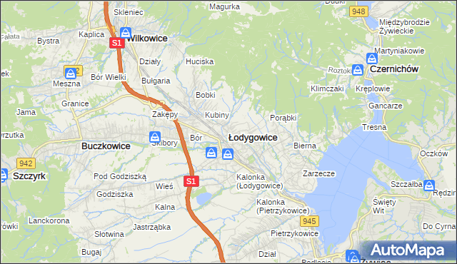 mapa Łodygowice powiat żywiecki, Łodygowice powiat żywiecki na mapie Targeo