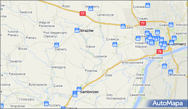 mapa Łojowice gmina Samborzec, Łojowice gmina Samborzec na mapie Targeo