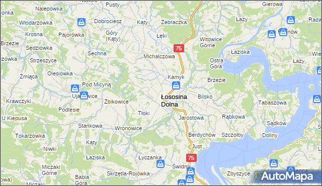 mapa Łososina Dolna, Łososina Dolna na mapie Targeo