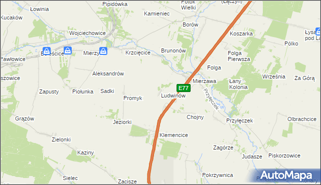 mapa Ludwinów gmina Wodzisław, Ludwinów gmina Wodzisław na mapie Targeo