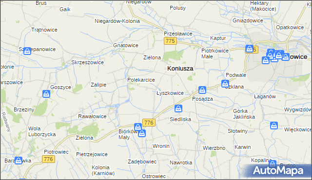 mapa Łyszkowice gmina Koniusza, Łyszkowice gmina Koniusza na mapie Targeo
