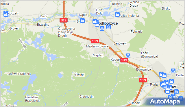 mapa Majdan gmina Modliborzyce, Majdan gmina Modliborzyce na mapie Targeo