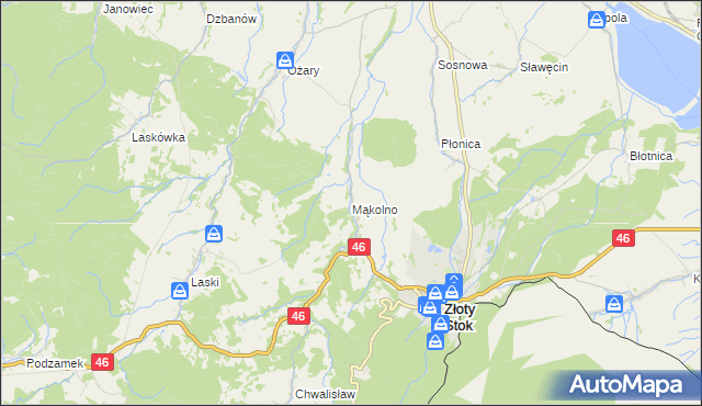 mapa Mąkolno gmina Złoty Stok, Mąkolno gmina Złoty Stok na mapie Targeo