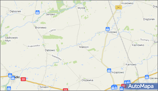 mapa Małocin gmina Nakło nad Notecią, Małocin gmina Nakło nad Notecią na mapie Targeo