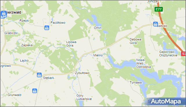 mapa Mielno gmina Grunwald, Mielno gmina Grunwald na mapie Targeo