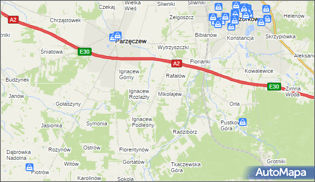 mapa Mikołajew gmina Parzęczew, Mikołajew gmina Parzęczew na mapie Targeo