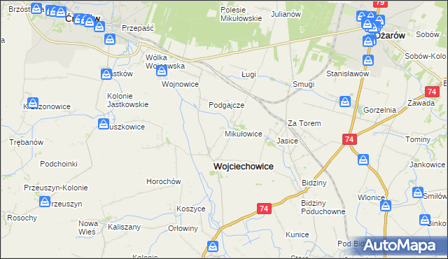 mapa Mikułowice gmina Wojciechowice, Mikułowice gmina Wojciechowice na mapie Targeo