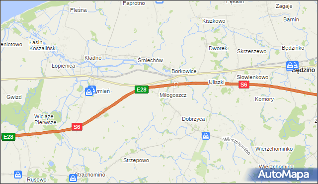 mapa Miłogoszcz gmina Będzino, Miłogoszcz gmina Będzino na mapie Targeo