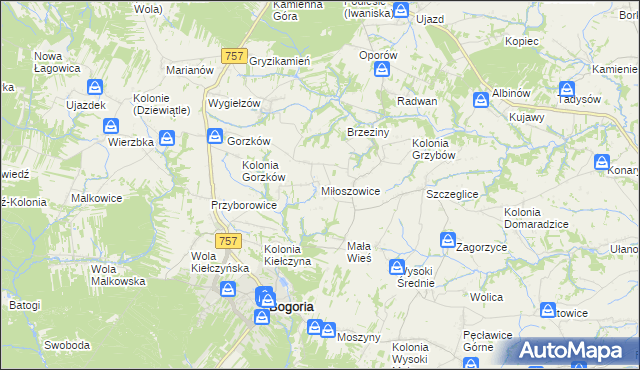 mapa Miłoszowice gmina Bogoria, Miłoszowice gmina Bogoria na mapie Targeo