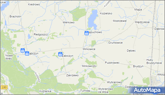 mapa Mirkowice gmina Mieścisko, Mirkowice gmina Mieścisko na mapie Targeo
