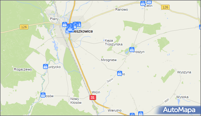 mapa Mirogniew gmina Mieszkowice, Mirogniew gmina Mieszkowice na mapie Targeo