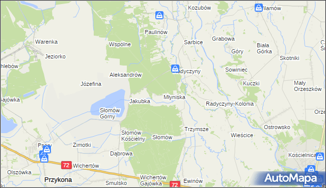 mapa Młyniska gmina Przykona, Młyniska gmina Przykona na mapie Targeo