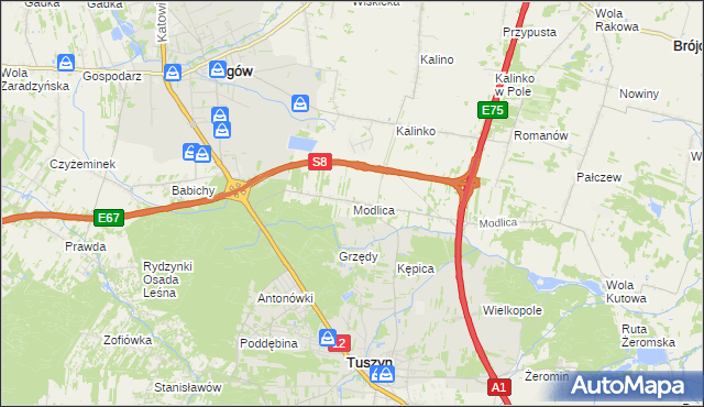 mapa Modlica gmina Tuszyn, Modlica gmina Tuszyn na mapie Targeo