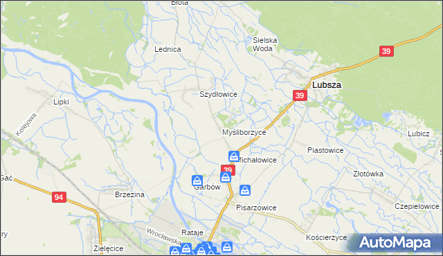 mapa Myśliborzyce gmina Lubsza, Myśliborzyce gmina Lubsza na mapie Targeo