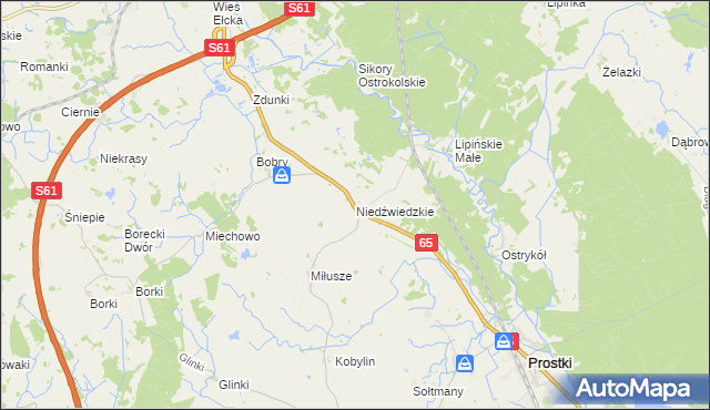 mapa Niedźwiedzkie gmina Prostki, Niedźwiedzkie gmina Prostki na mapie Targeo
