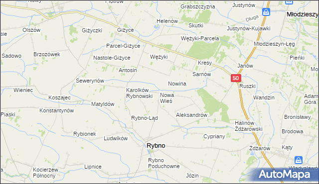 mapa Nowa Wieś gmina Rybno, Nowa Wieś gmina Rybno na mapie Targeo