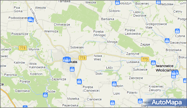 mapa Nowa Wieś gmina Skała, Nowa Wieś gmina Skała na mapie Targeo