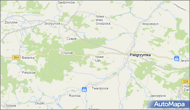 mapa Nowe Łąki gmina Pielgrzymka, Nowe Łąki gmina Pielgrzymka na mapie Targeo