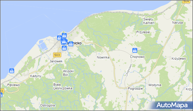 mapa Nowinka gmina Tolkmicko, Nowinka gmina Tolkmicko na mapie Targeo