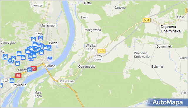 mapa Nowy Dwór gmina Dąbrowa Chełmińska, Nowy Dwór gmina Dąbrowa Chełmińska na mapie Targeo
