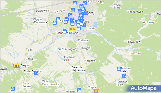 mapa Okrągłe gmina Biłgoraj, Okrągłe gmina Biłgoraj na mapie Targeo