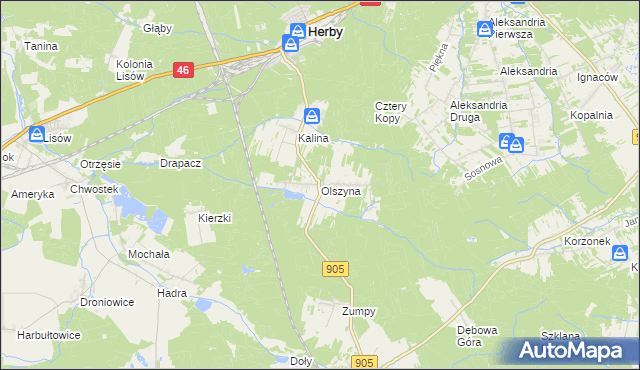 mapa Olszyna gmina Herby, Olszyna gmina Herby na mapie Targeo